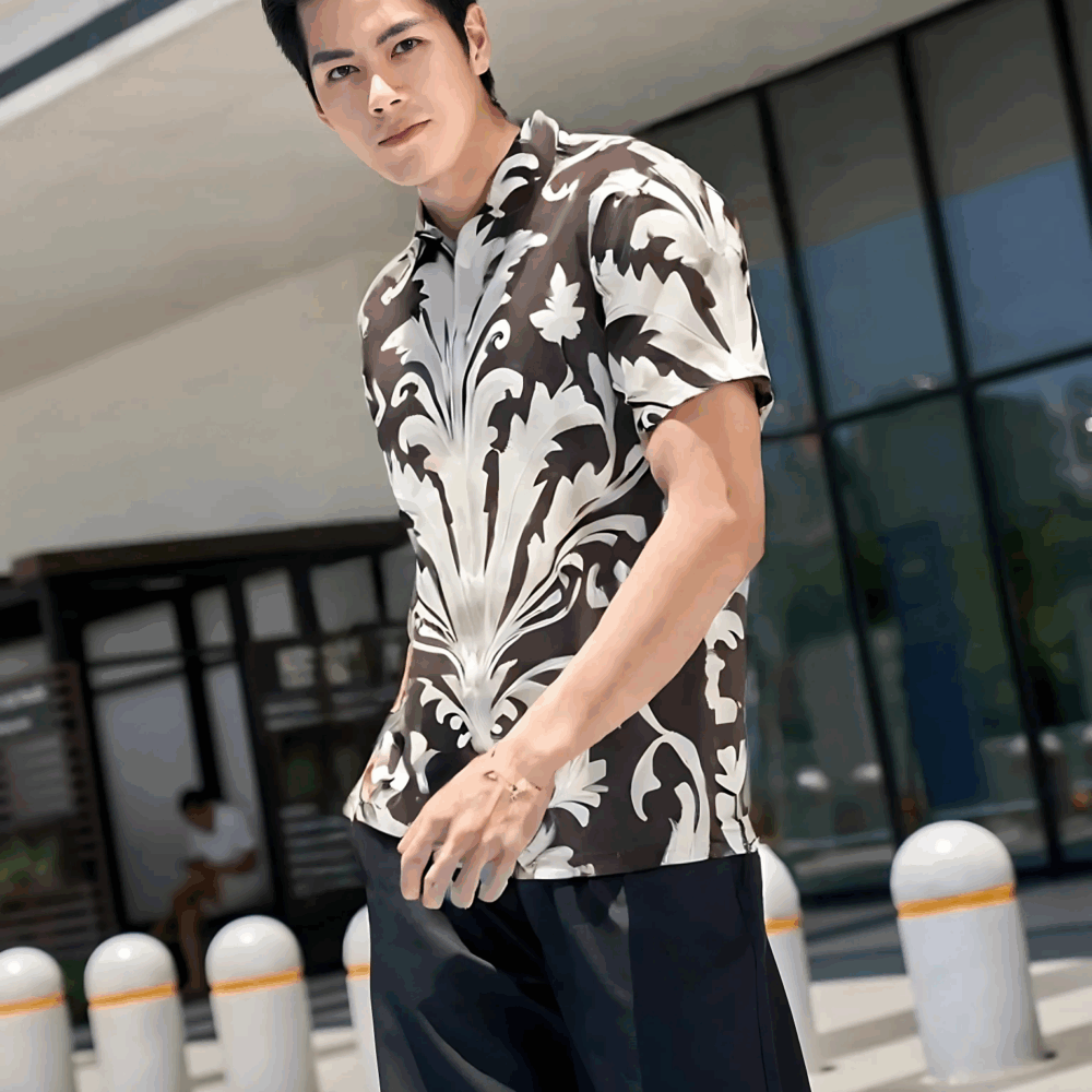 Dark Brown White Floral Shirt “Autumn Bloom” - UHEL175687