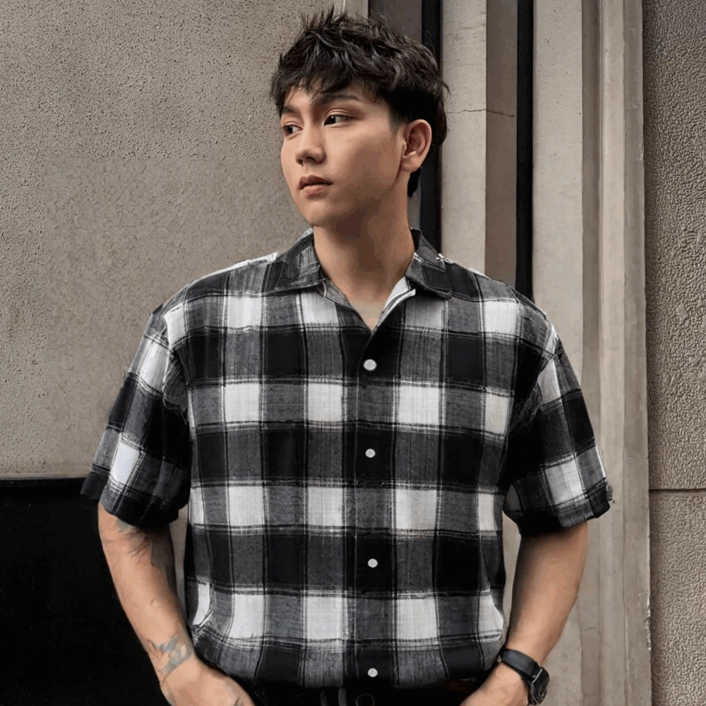 Black White Checkerboard Shirt “Classic Grid” - UHEL175690