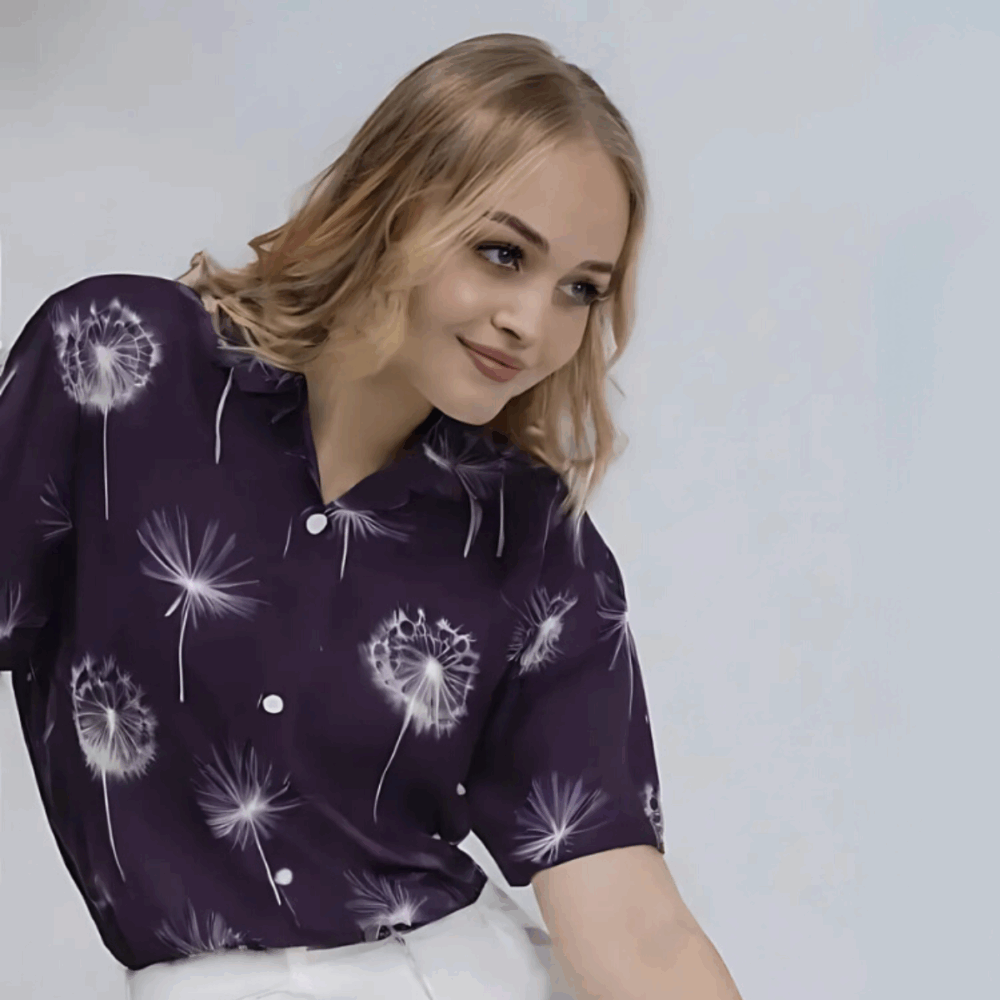 Purple White Dandelion Print Shirt “Whimsical Breeze” - UHEL161234