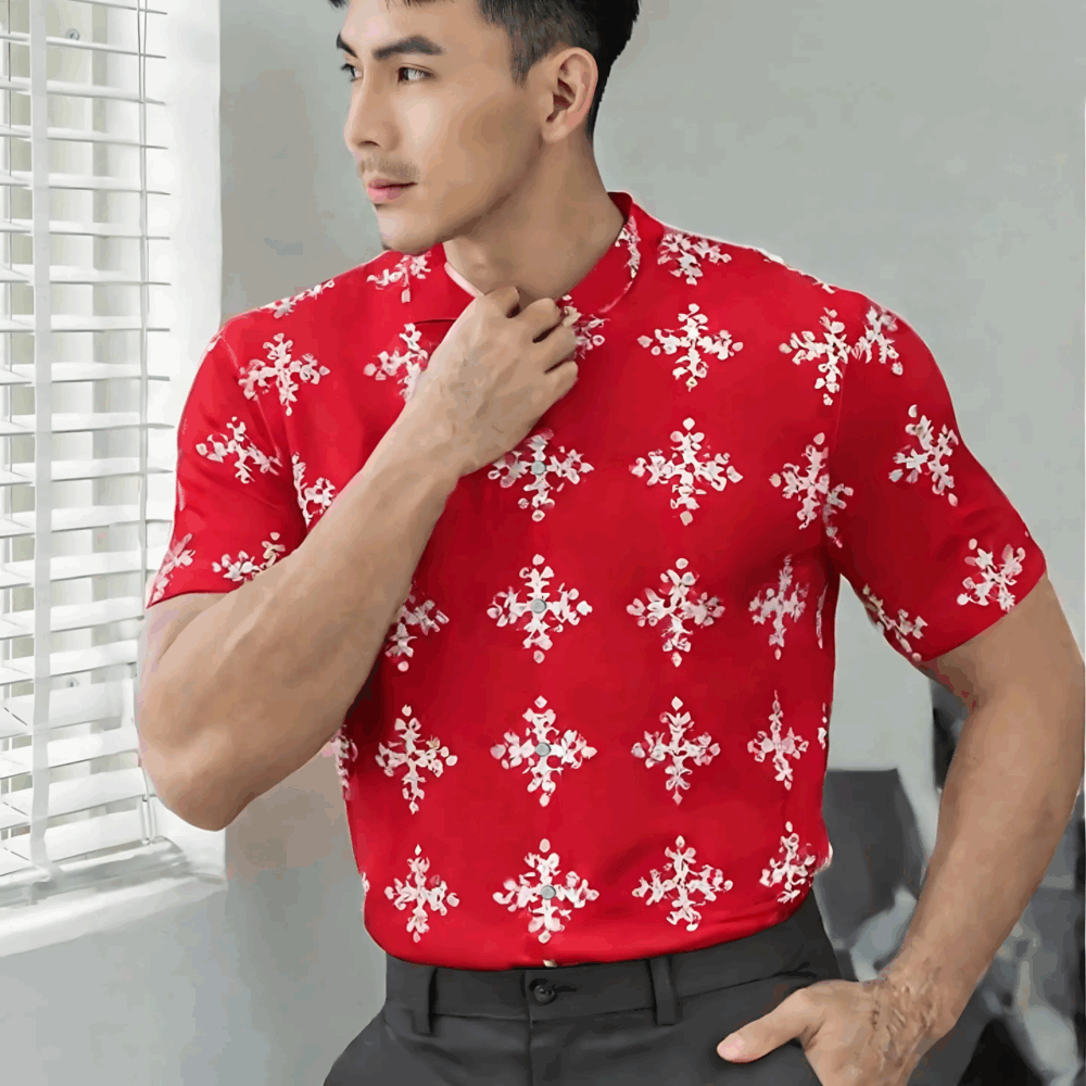 Red White Snowflake Summer Shirt “Winter Glow” - UHEL175688