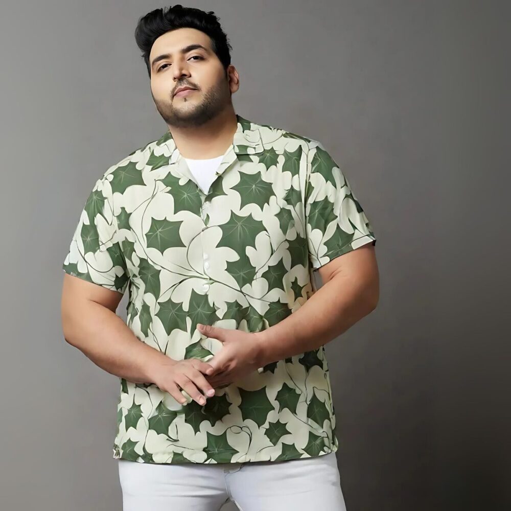 Creamy Green Ivy Leaf Shirt “Verdant Whisper” - UHEL170456